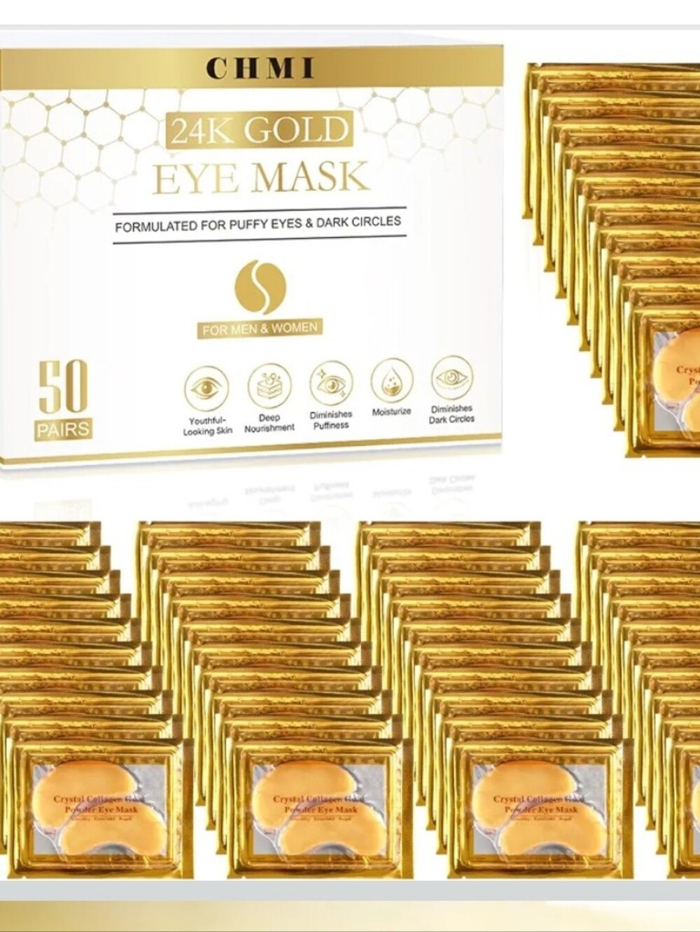 Gold Hydrogel Eye Mask for Puffy Eyes & Dark Circles - 50 Pairs (Gold)